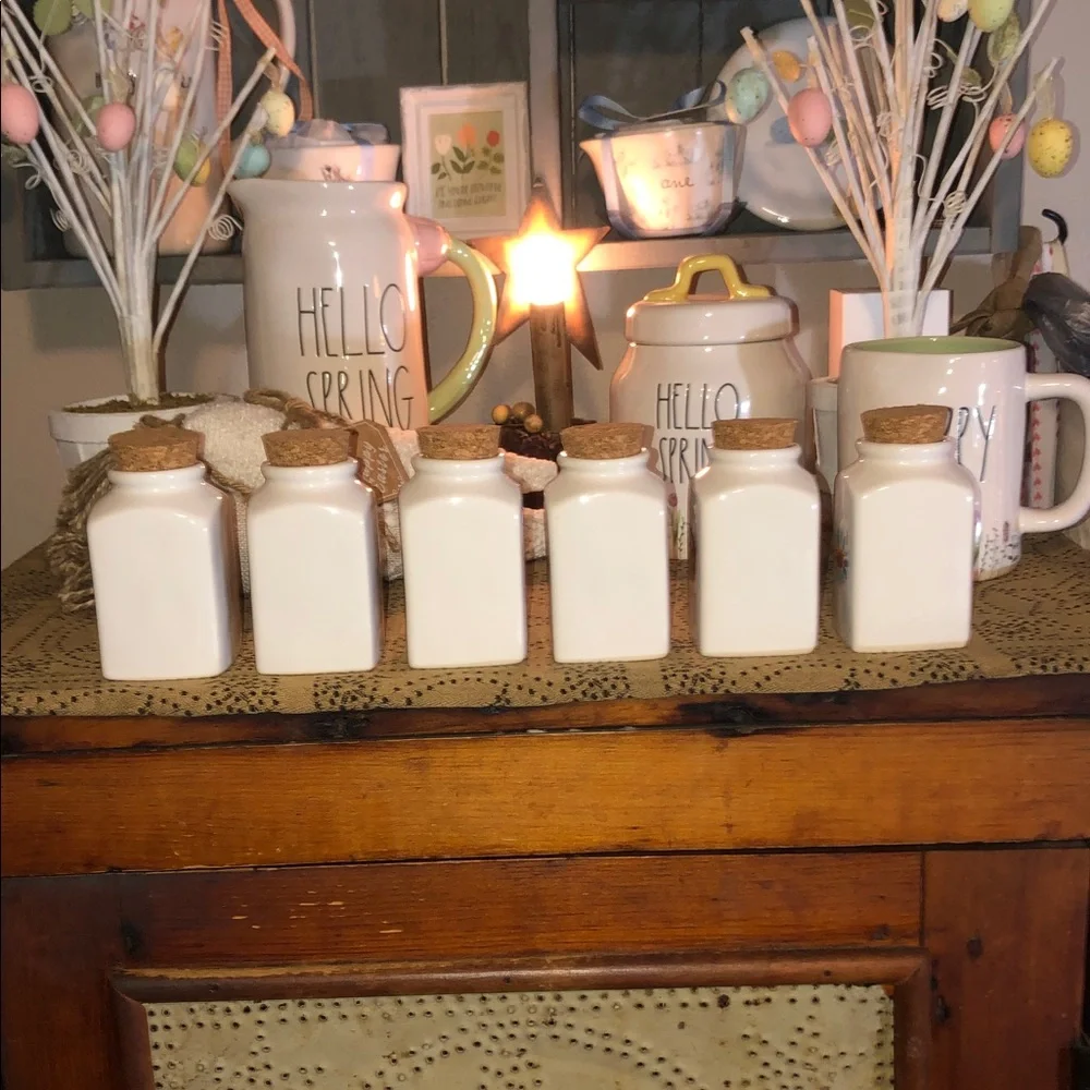 Rae Dunn Cream Ceramic Spice Jars with Colorful Floral Accents